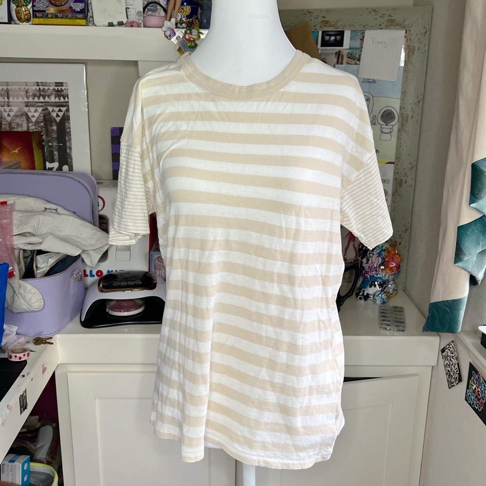 American Eagle Cream and White Striped Shirt